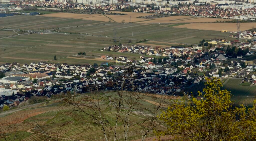 Photo aérienne d'un village alsacien typique et de ses vignobles en terrasse, illustrant le décor authentique des mots alsaciens du terroir.